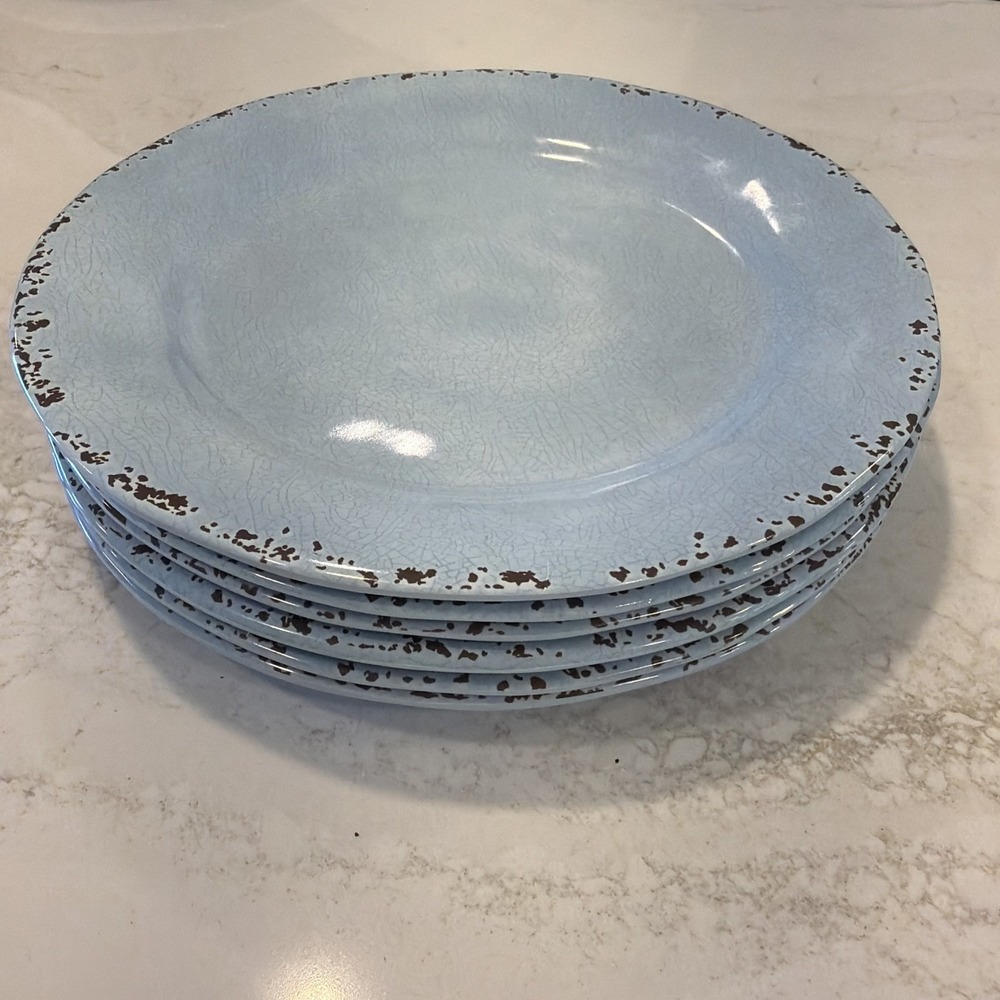 100% Melamine 11" Dinner Plates - Rustic Crackle Lt Blue - Set Of 7 - Outdoor